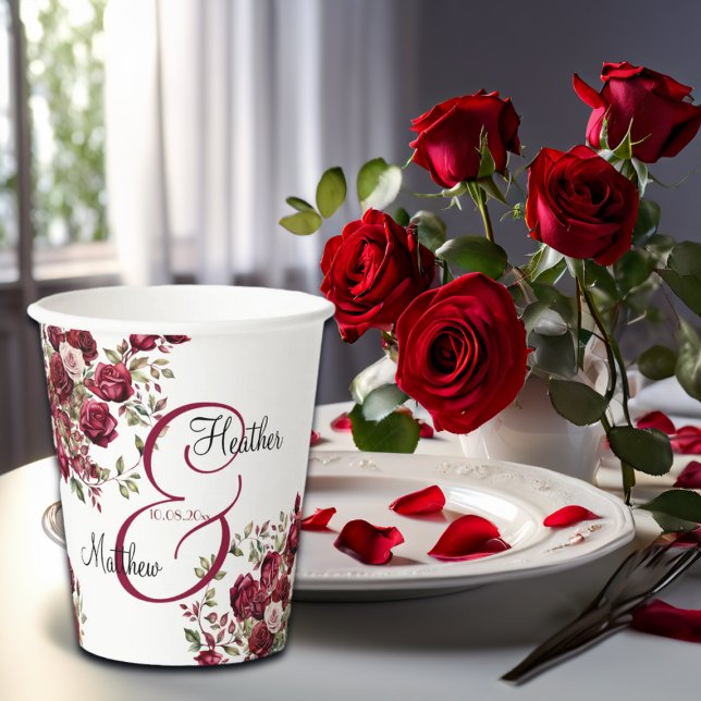 Burgundy Floral Modern Script Wedding Paper Cups (Creator Uploaded)