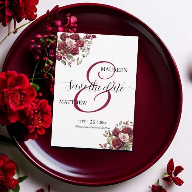 Burgundy Floral Modern Script Wedding Save The Date (Creator Uploaded)