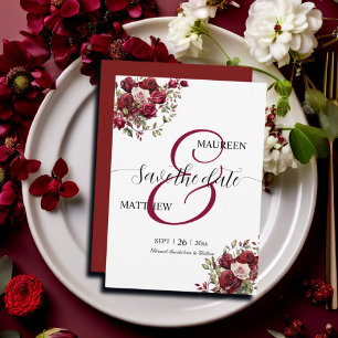 Burgundy Floral Modern Script Wedding Save The Date