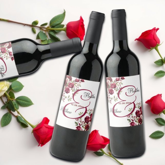 Burgundy Floral Modern Script Wedding Wine Label (Creator Uploaded)