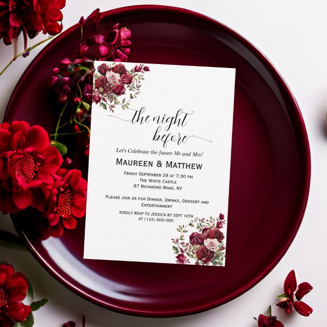 Burgundy Floral Modern 'The Night Before' Wedding Invitation (Creator Uploaded)