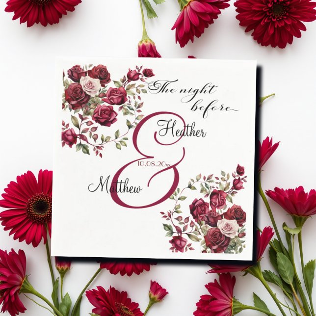 Burgundy Floral Modern 'The Night Before' Wedding Napkin (Creator Uploaded)
