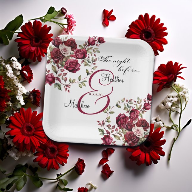 Burgundy Floral Modern 'The Night Before' Wedding Paper Plate (Creator Uploaded)