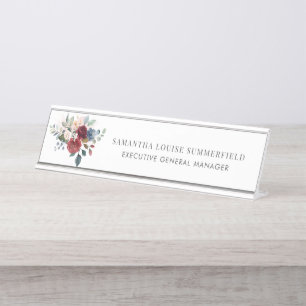Burgundy Floral Modern Watercolor Greenery Desk Name Plate