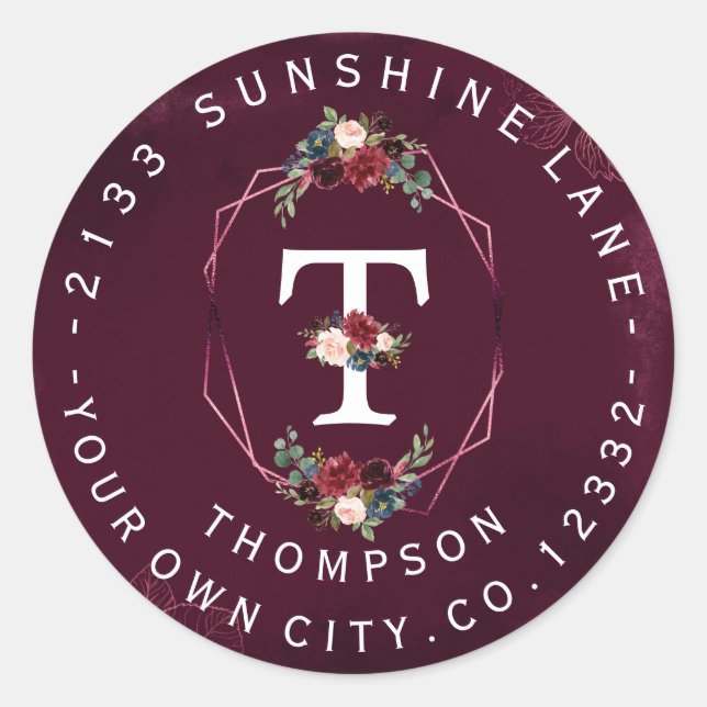 Burgundy Floral Monogram Circular Address Label (Front)
