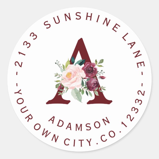 Burgundy Floral Monogram Circular Address Label (Front)