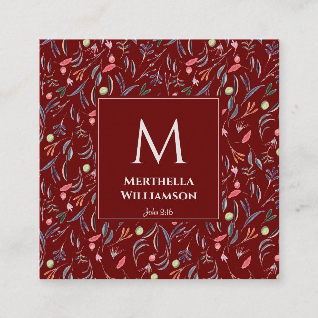 BURGUNDY Floral MONOGRAM Custom Scripture Square Business Card (Front)