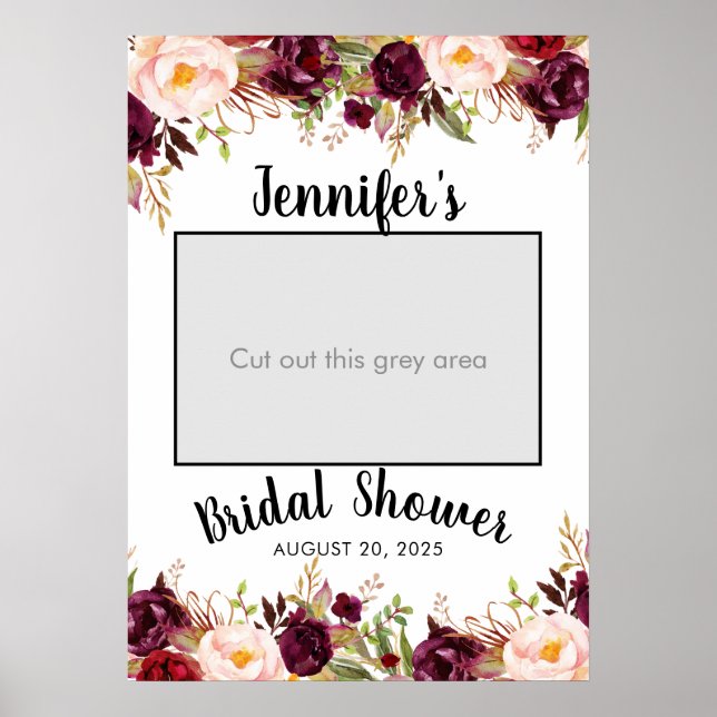 Burgundy Floral Name Bridal Shower Photo Prop Poster (Front)