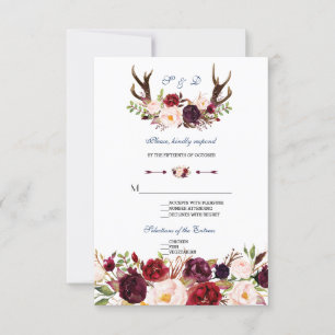 Burgundy Floral Navy Blue Antlers Wedding RSVP Card