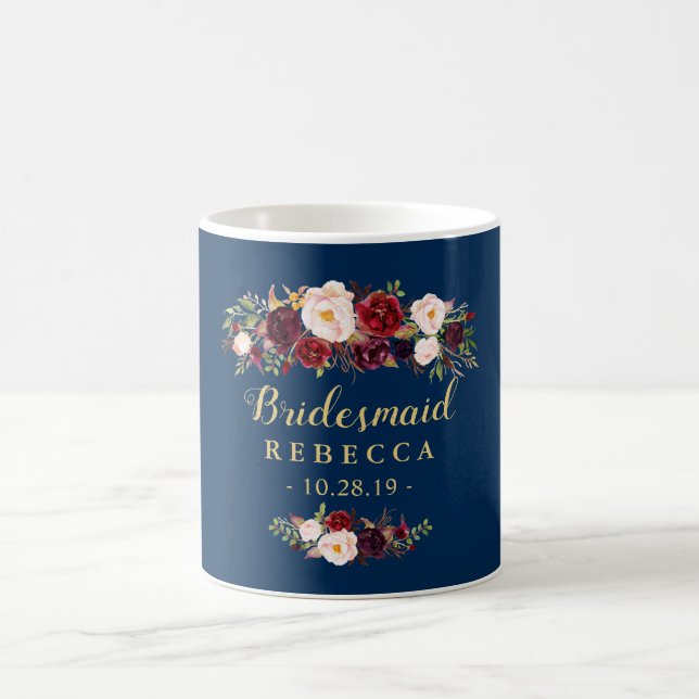 Burgundy Floral Navy Blue Bridesmaid Wedding Favou Coffee Mug (Center)