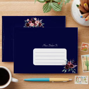 Burgundy Floral Navy Blue Elegant Script Wedding Envelope