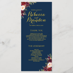 Burgundy Floral Navy Blue Gold Custom Wedding Program