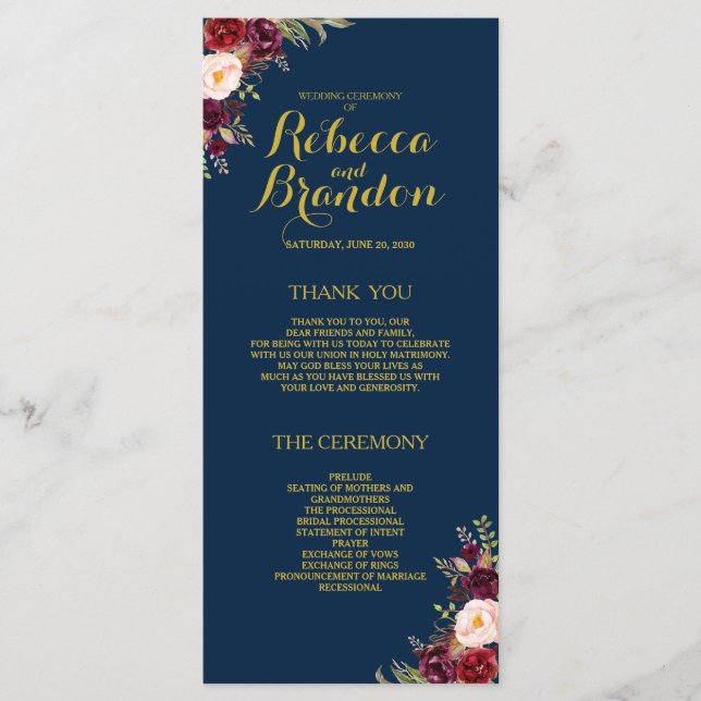 Burgundy Floral Navy Blue Gold Custom Wedding Program (Front)