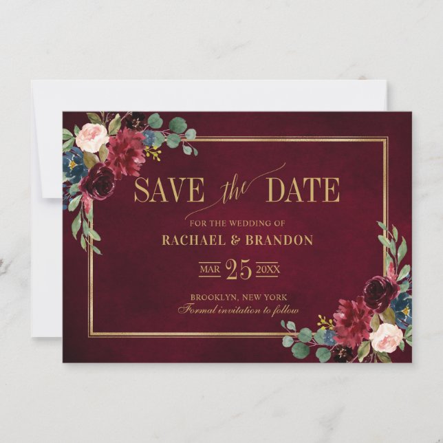 Burgundy Floral Navy Blue Gold Frame Save the Date (Front)