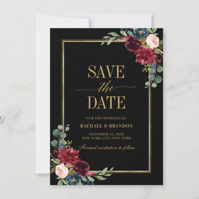 Burgundy Floral Navy Blue Gold Frame Save the Date (Front)