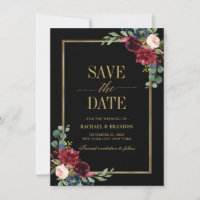 Burgundy Floral Navy Blue Gold Frame Save the Date