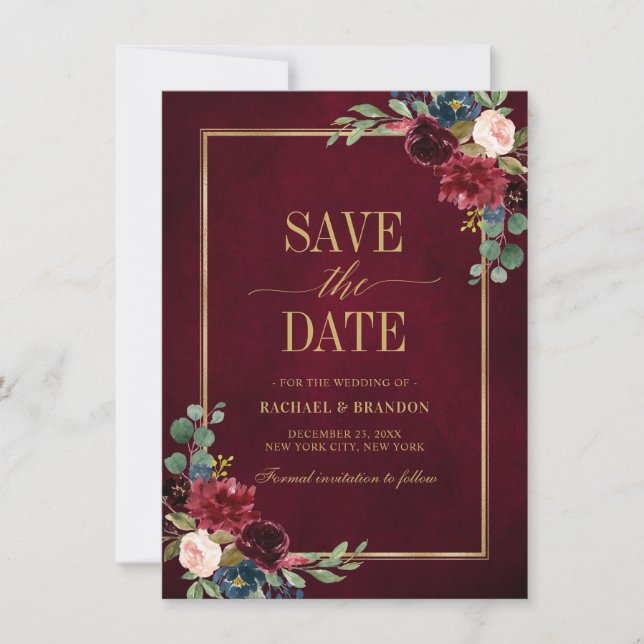 Burgundy Floral Navy Blue Gold Frame Save the Date (Front)
