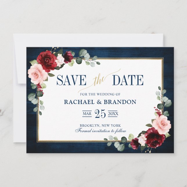 Burgundy Floral Navy Blue Gold Frame Save the Date (Front)