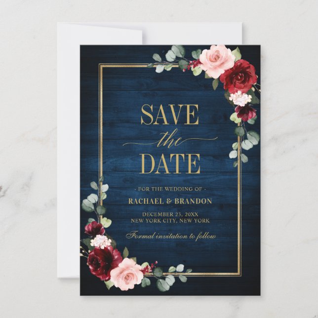 Burgundy Floral Navy Blue Gold Frame Save the Date (Front)