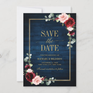 Burgundy Floral Navy Blue Gold Frame Save the Date