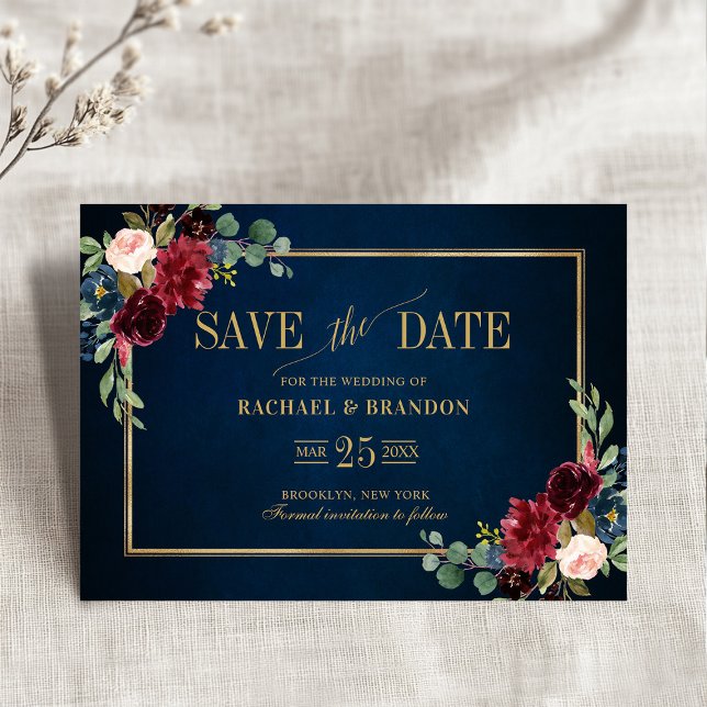 Burgundy Floral Navy Blue Gold Frame Save the Date (Burgundy Red Floral Navy Blue Gold Frame Save the Date)