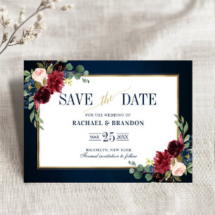 Burgundy Floral Navy Blue Gold Frame Save the Date
