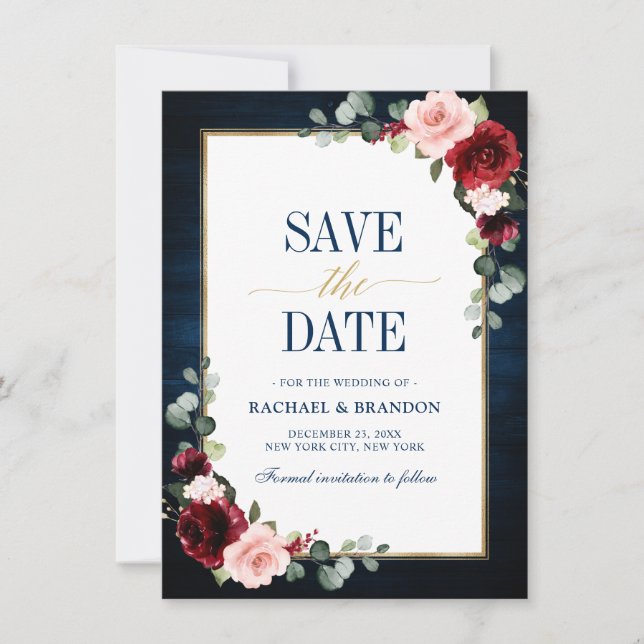 Burgundy Floral Navy Blue Gold Frame Save the Date (Front)