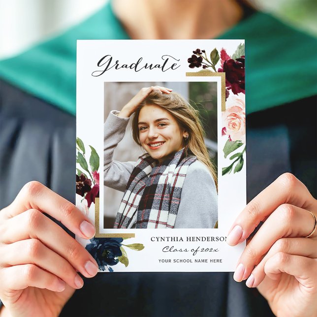 Burgundy Floral Navy Blue Photo Graduation Party Invitation (Creator Uploaded)