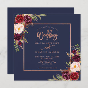 Burgundy Floral Navy Blue Rose Gold Script Wedding Invitation