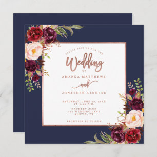 Burgundy Floral Navy Blue Rose Gold Script Wedding Invitation
