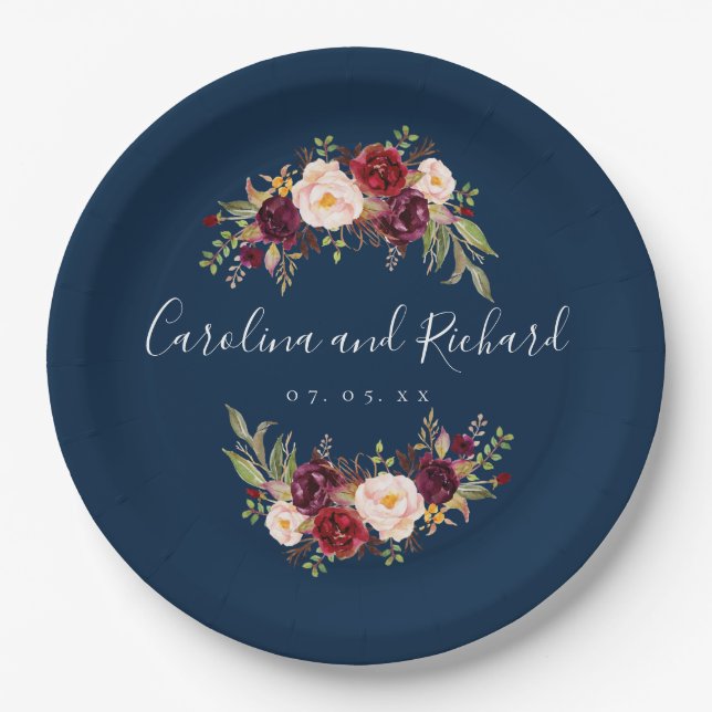 Burgundy Floral Navy Blue Rustic Engagement Party Paper Plate (Front)