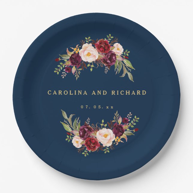 Burgundy Floral Navy Blue Rustic Wedding Shower Paper Plate (Front)