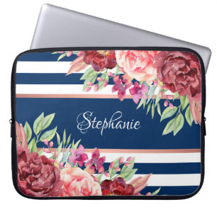Burgundy Floral Navy Blue Stripes Personalized Laptop Sleeve