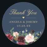 Burgundy Floral Navy Blue Thank You Wedding Favour Classic Round Sticker<br><div class="desc">Customise this "Burgundy Floral Navy Blue Thank You Wedding Favour Sticker" to add a special touch. It's easy to personalise to match your colours and styles. (1) For further customisation, please click the "customise further" link and use our design tool to modify this template. The background colour is changeable. (2)...</div>