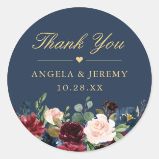 Burgundy Floral Navy Blue Thank You Wedding Favour Classic Round Sticker