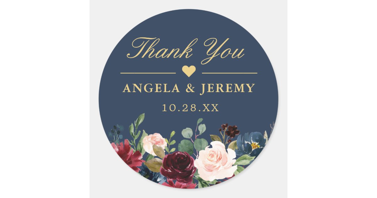 Burgundy Floral Navy Blue Thank You Wedding Favour Classic Round Sticker | Zazzle.com.au