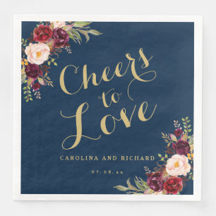 Burgundy Floral Navy Blue Wedding Gold Cheers Napkin