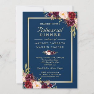 Burgundy Floral Navy Blue Wedding Rehearsal Dinner Invitation