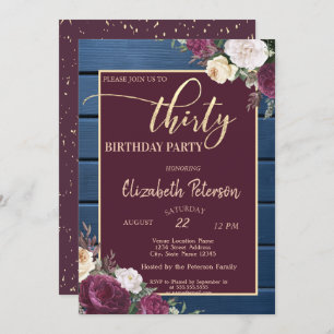Burgundy Floral Navy Blue Wood 30th Birthday Invitation