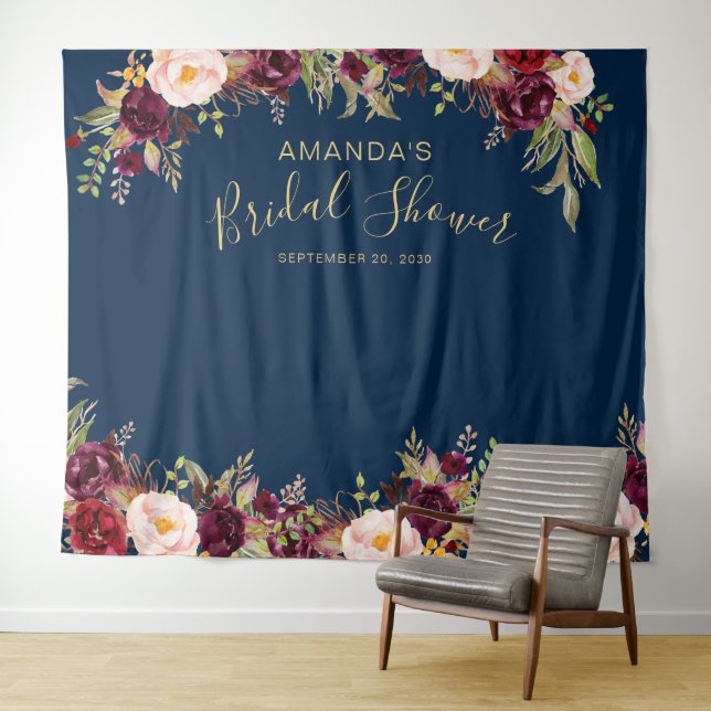 Burgundy Floral Navy Bridal Shower Photo Booth Tapestry (In Situ (Horizontal))