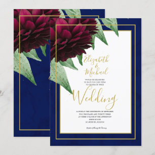 Burgundy Floral Navy Gold Elegant Chic Wedding Invitation