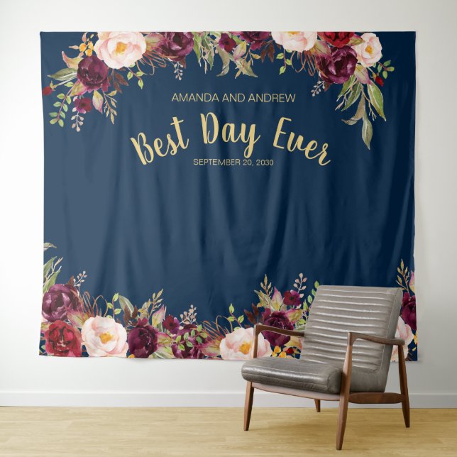 Burgundy Floral Navy Gold Wedding Photo Booth Tapestry (In Situ (Horizontal))