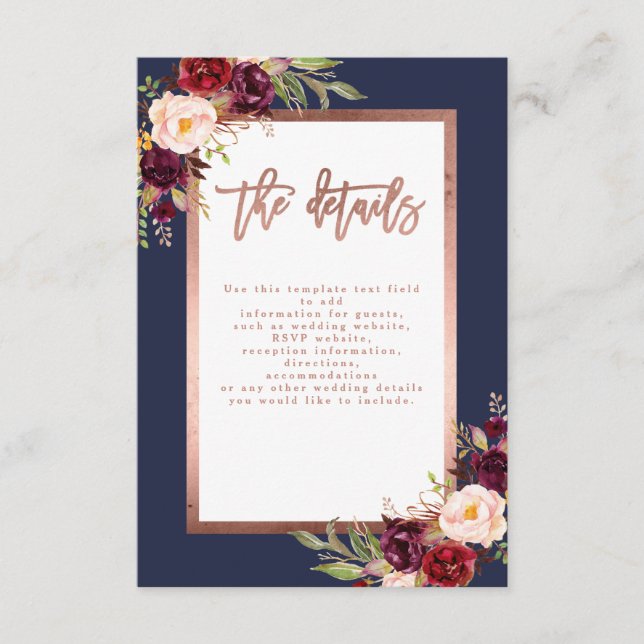 Burgundy Floral Navy Rose Gold Wedding Details Enclosure Card (Front)