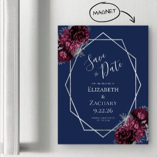 Burgundy Floral Navy Silver Wedding Save the Date Magnetic Invitation