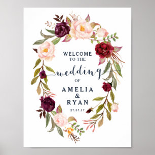 Burgundy Floral Navy Wedding Welcome Sign