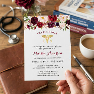 Burgundy Floral Nursing School Graduation Party Invitation