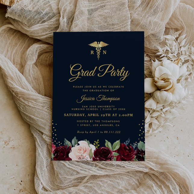 burgundy floral Nursing school graduation party Invitation (Creator Uploaded)