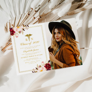 Burgundy floral nursing school photo graduation invitation