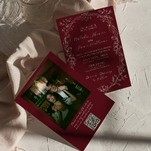 Burgundy Floral Old Money Photo QR Code Wedding Invitation