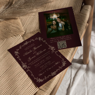 Burgundy Floral Old Money QR Code Photo Wedding Invitation